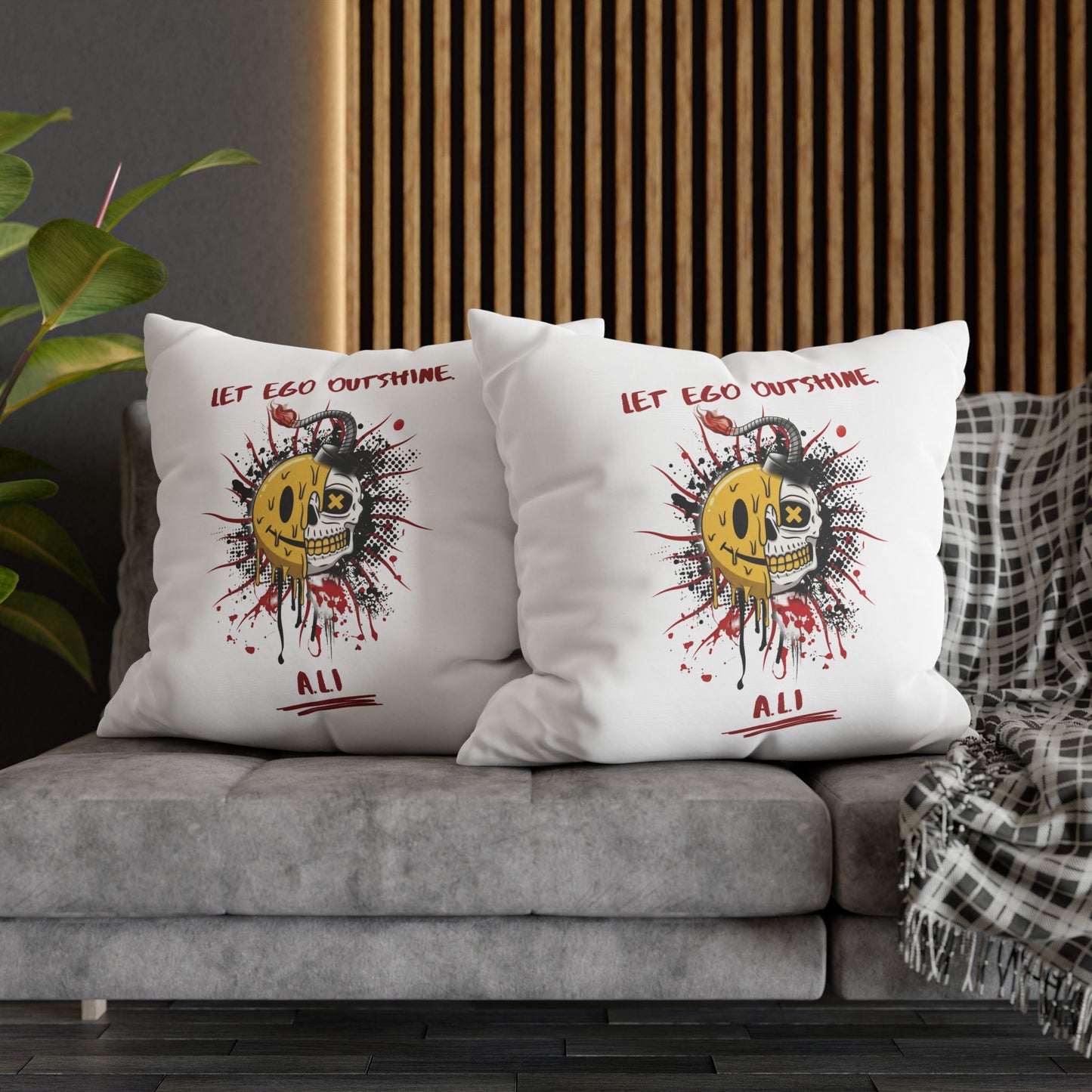 Personalized Initial Quote Smile Split Skull — Custom Sayings on Square Poly Canvas Pillowcase