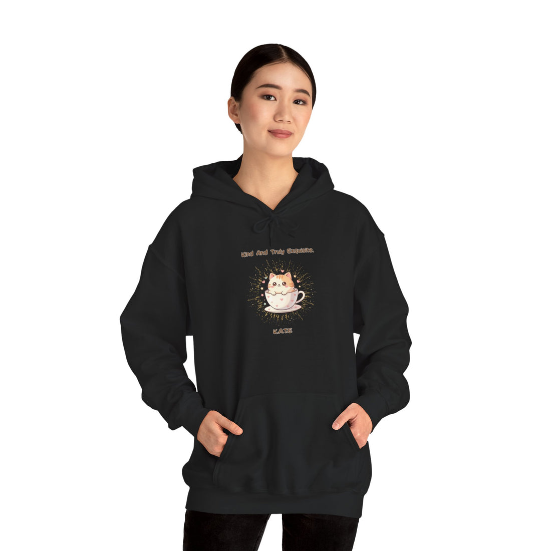 Picture of a woman in an H2 Aura custom hoodie. Highlights the high-quality print of the acrostic name quote and unique typography art for a personalized fashion statement.