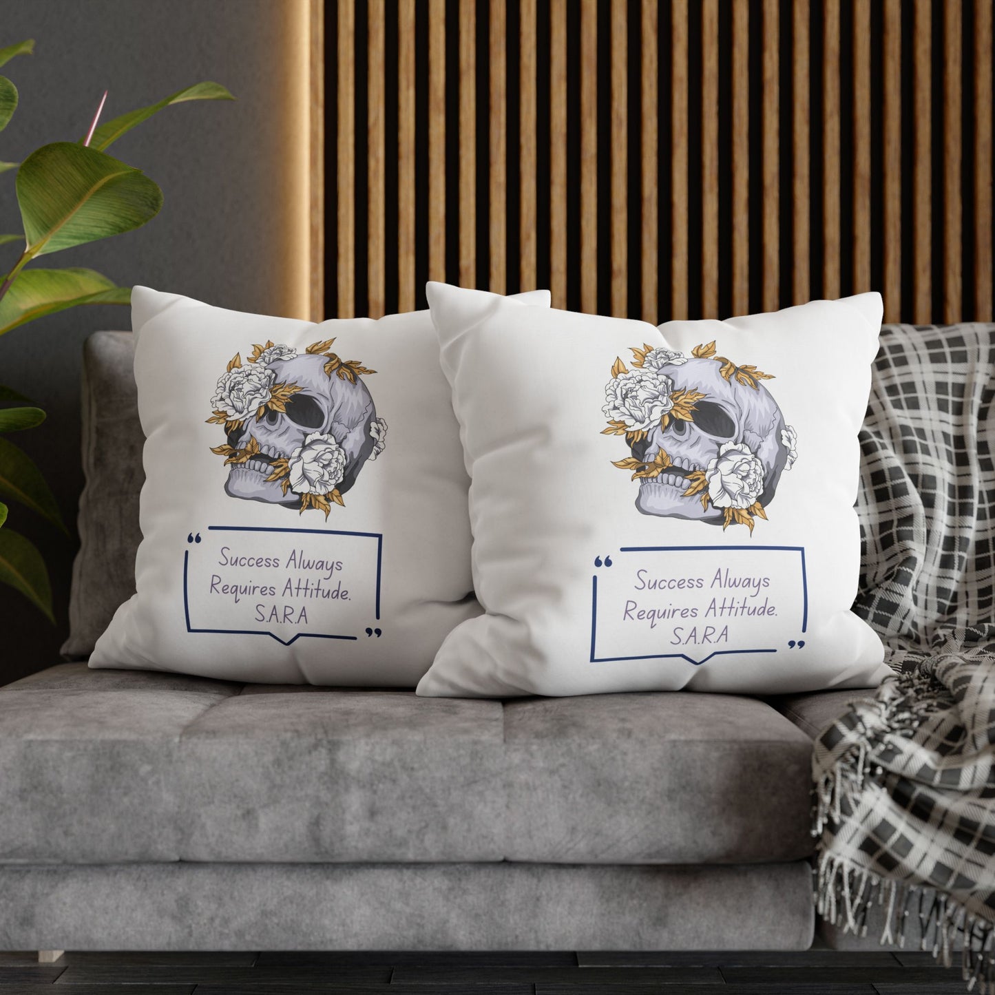 Personalized Initial Quote Floral Skull — Custom Sayings on Square Poly Canvas Pillowcase