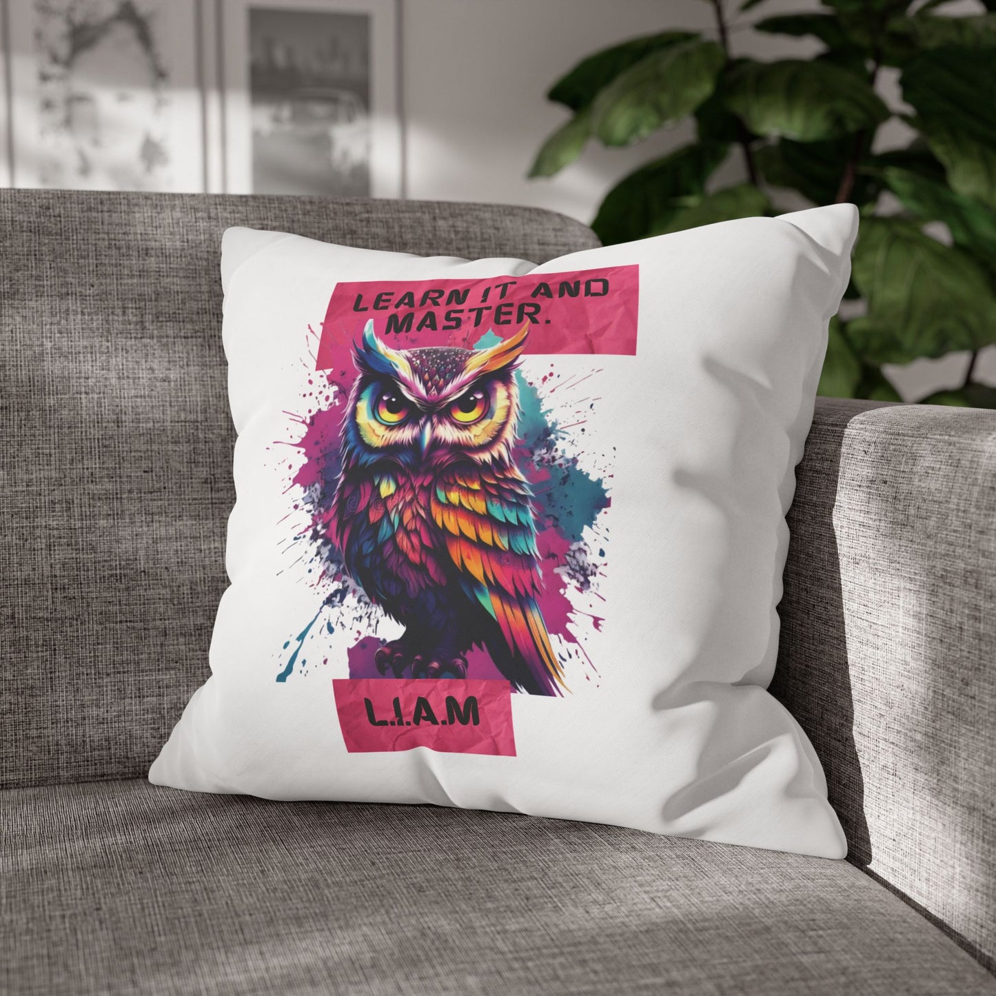 Personalized Initial Quote Owl — Custom Sayings on Square Poly Canvas Pillowcase