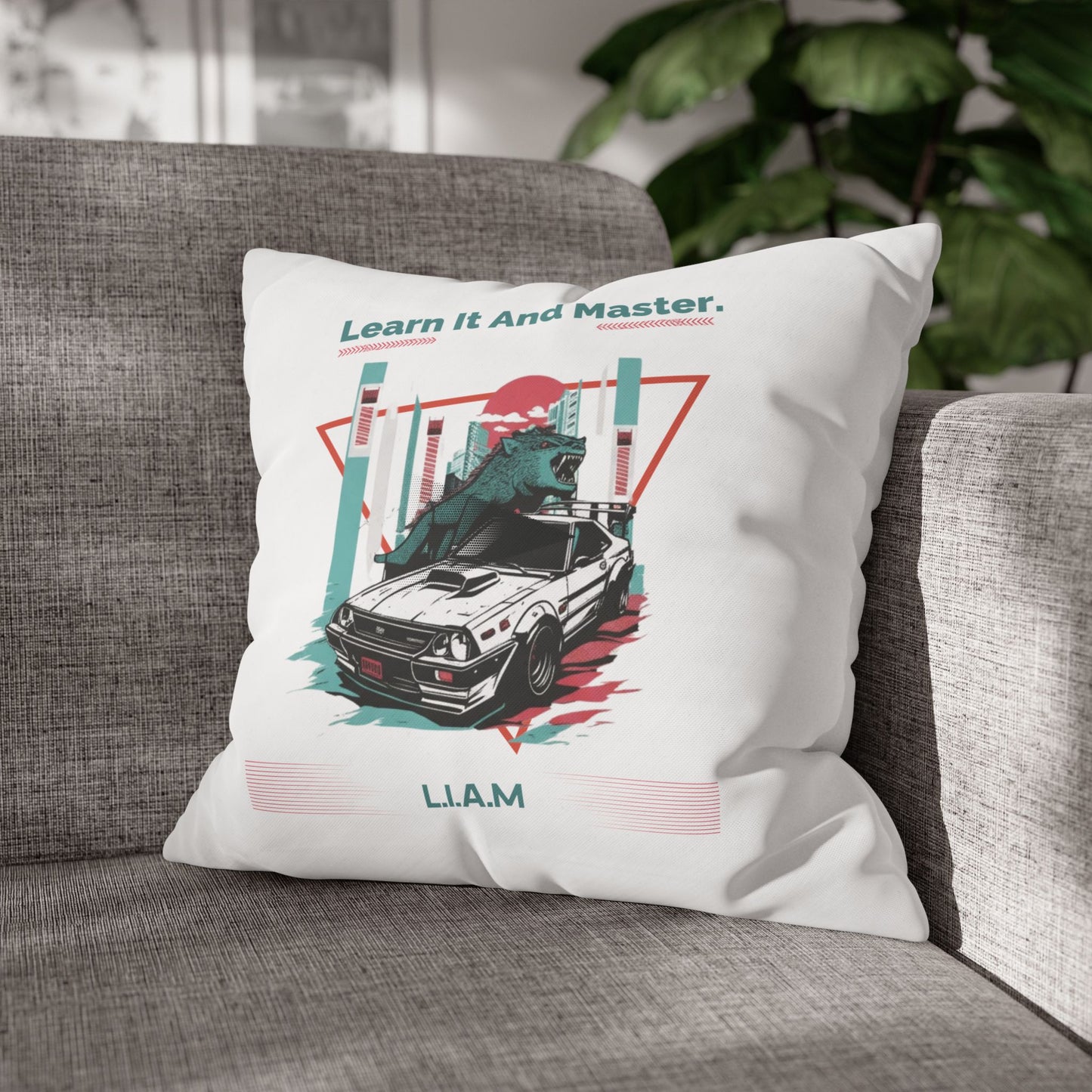 Personalized Initial Quote Dinosaur Car — Custom Sayings on Square Poly Canvas Pillowcase