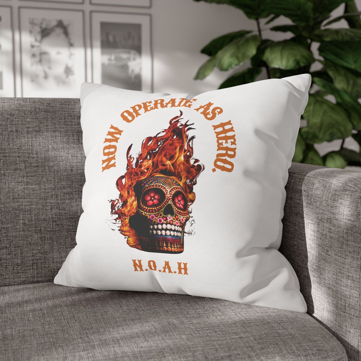 Personalized Initial Quote Fire Skull — Custom Sayings on Square Poly Canvas Pillowcase