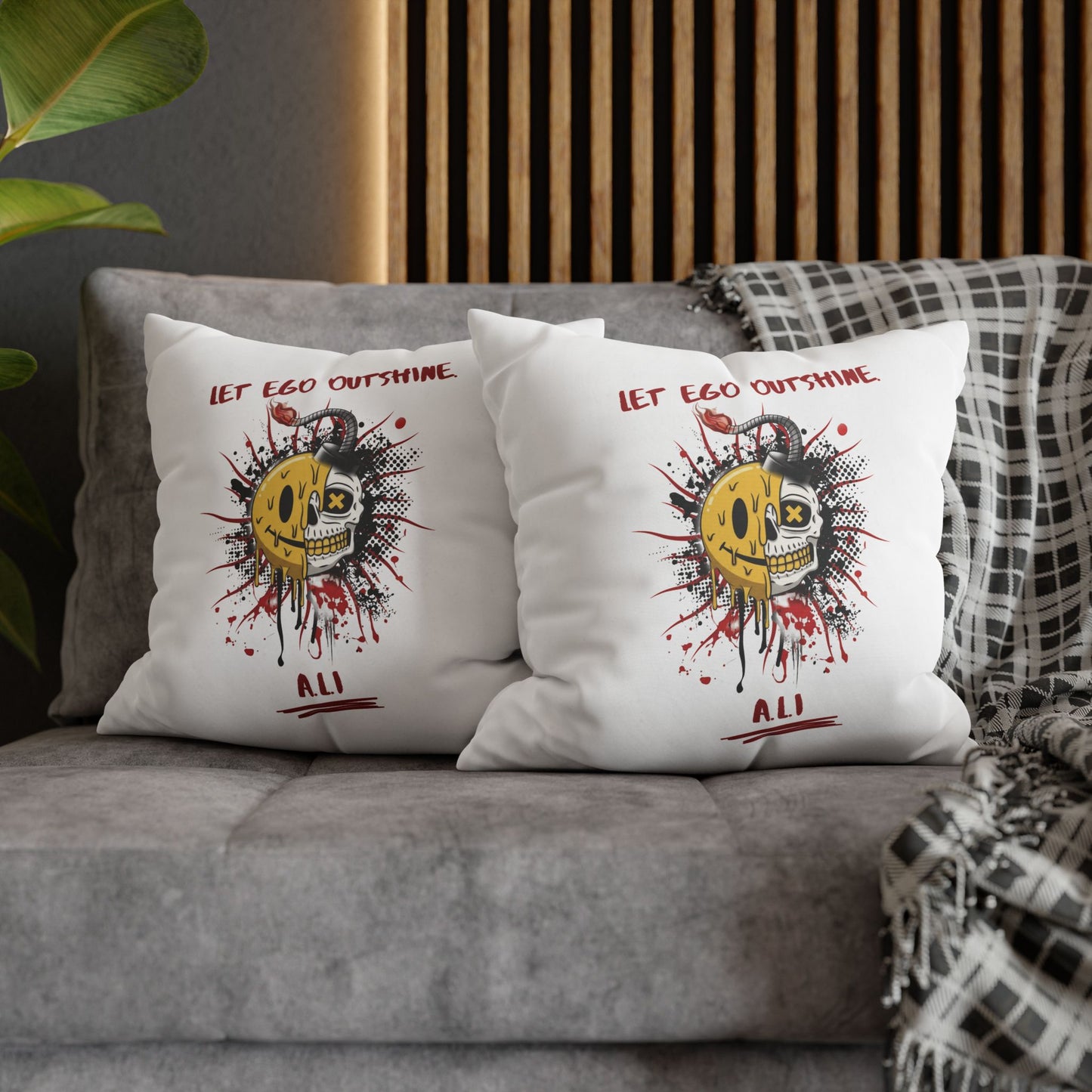 Personalized Initial Quote Smile Split Skull — Custom Sayings on Square Poly Canvas Pillowcase