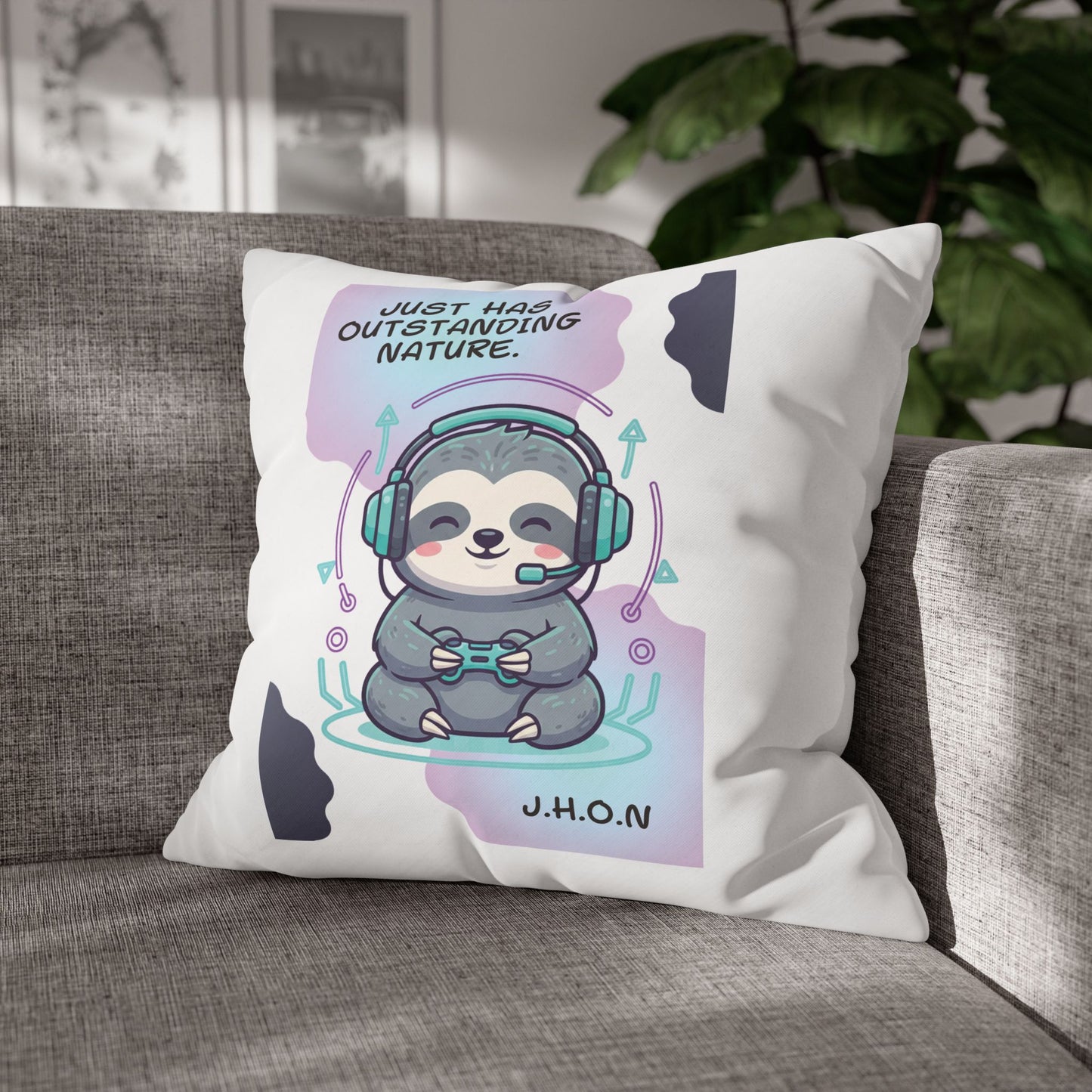 Personalized Initial Quote Sloth Gamer — Custom Sayings on Square Poly Canvas Pillowcase