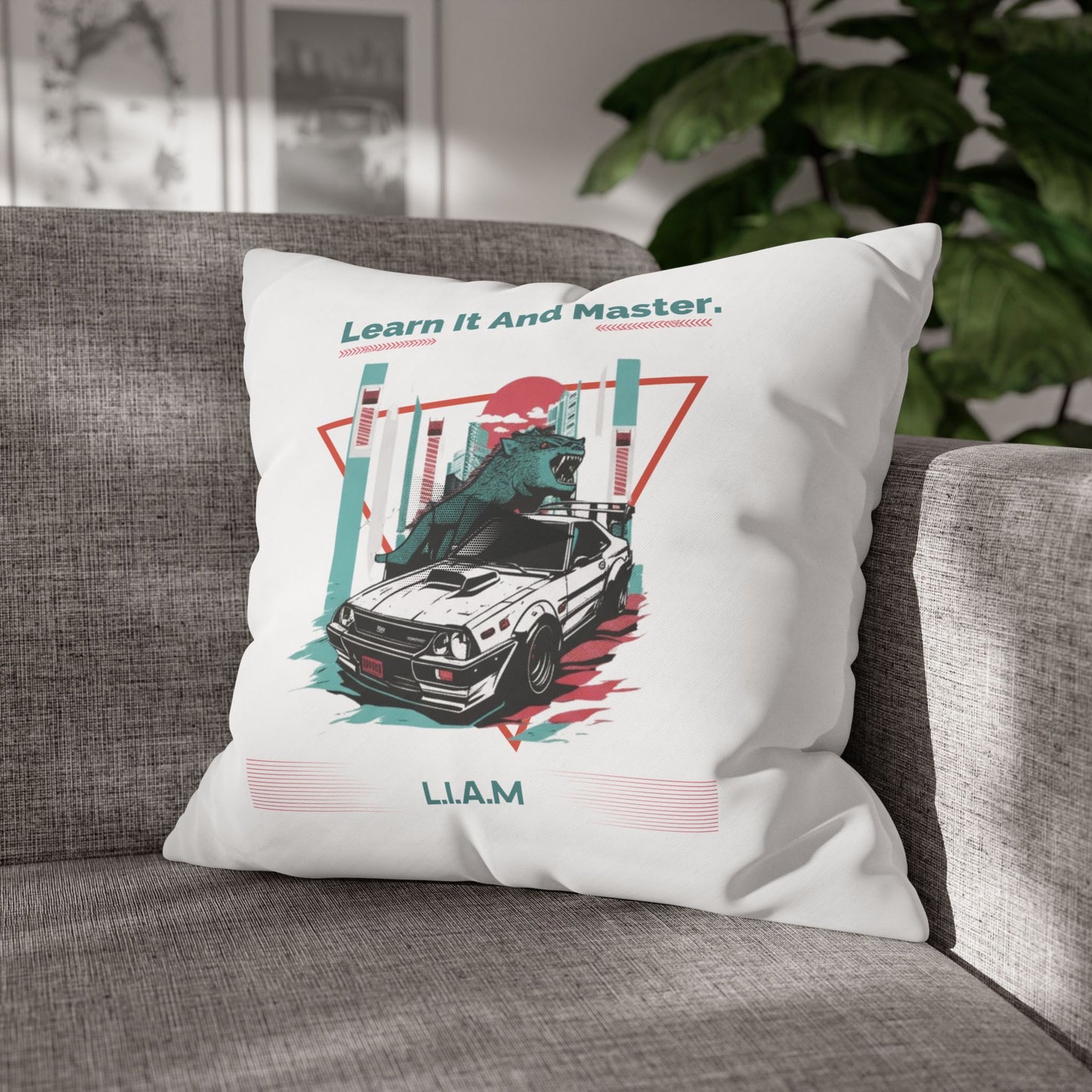 Personalized Initial Quote Dinosaur Car — Custom Sayings on Square Poly Canvas Pillowcase