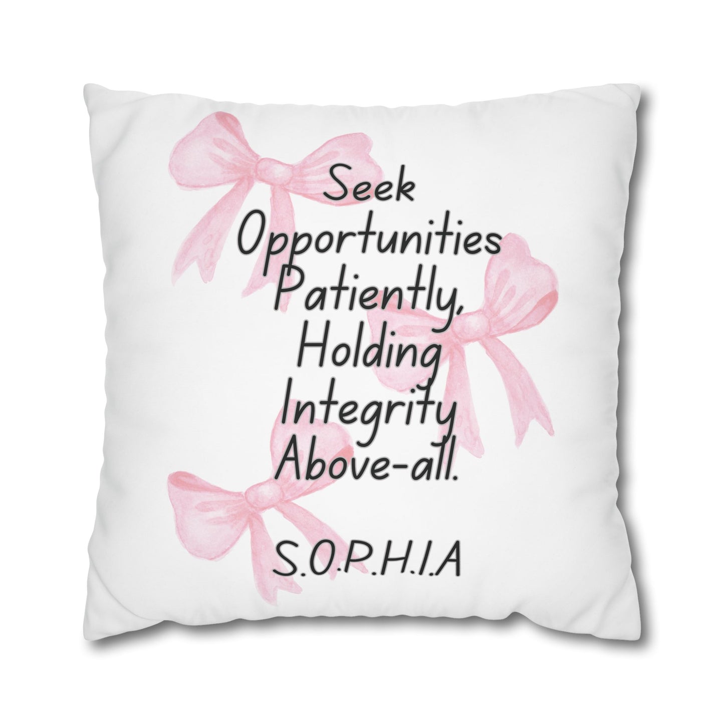 Personalized Initial Quote Pink Bow — Custom Sayings on Square Poly Canvas Pillowcase