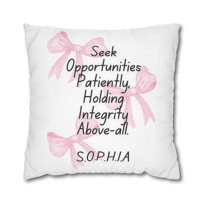 Personalized Initial Quote Pink Bow — Custom Sayings on Square Poly Canvas Pillowcase