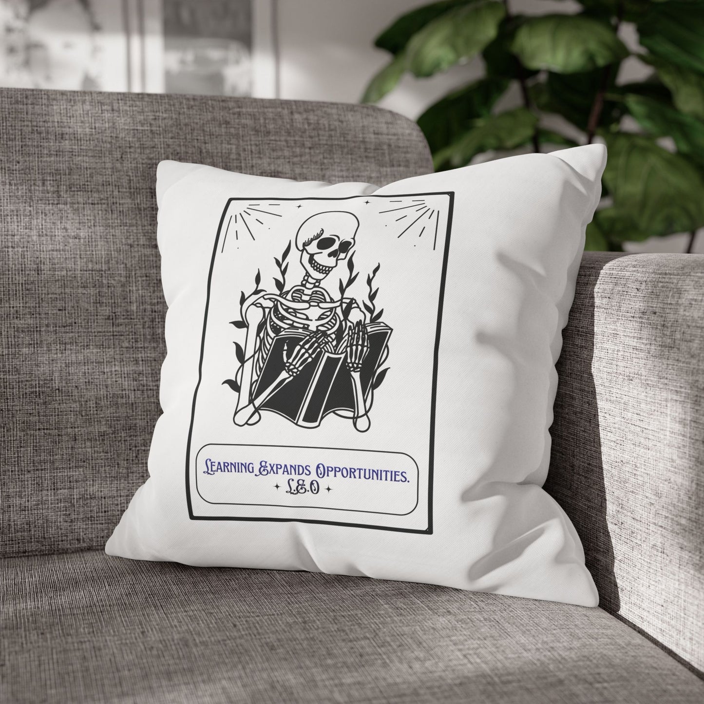 Personalized Initial Quote Skeleton — Custom Sayings on Square Poly Canvas Pillowcase