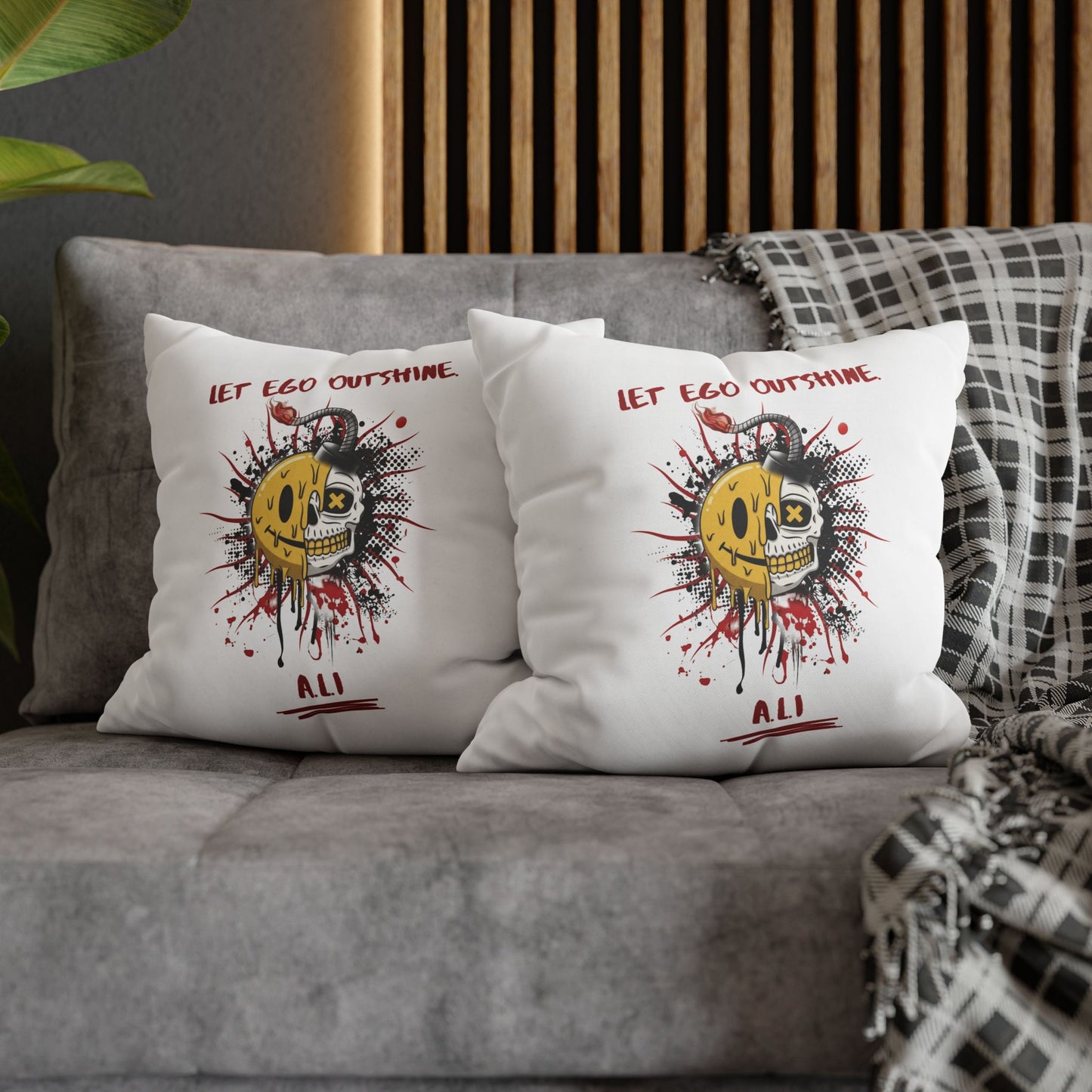 Personalized Initial Quote Smile Split Skull — Custom Sayings on Square Poly Canvas Pillowcase