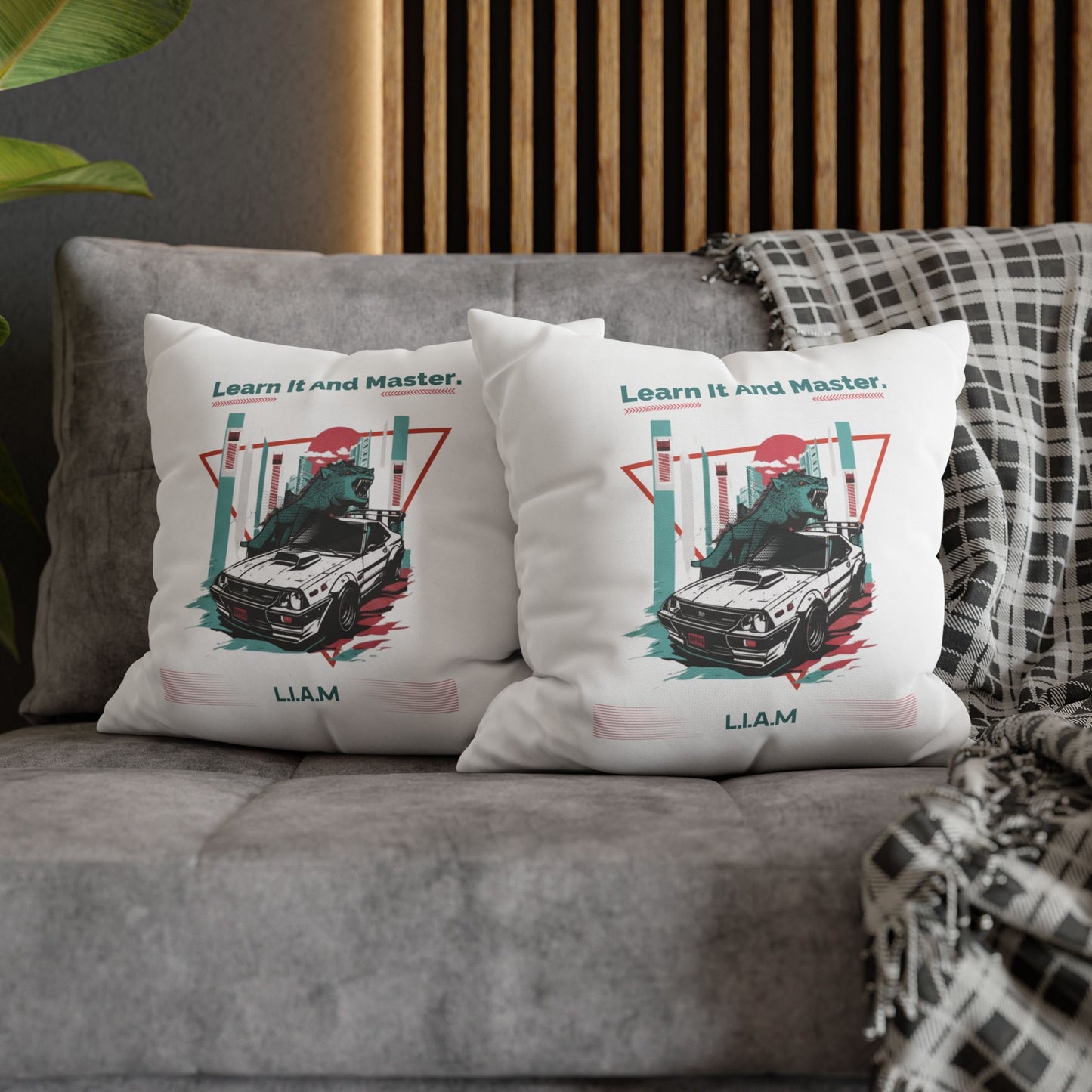 Personalized Initial Quote Dinosaur Car — Custom Sayings on Square Poly Canvas Pillowcase