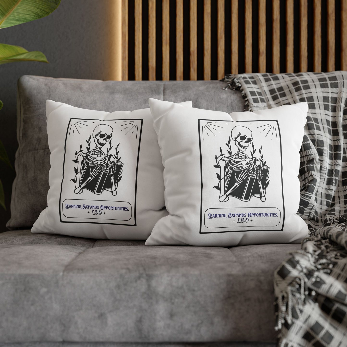 Personalized Initial Quote Skeleton — Custom Sayings on Square Poly Canvas Pillowcase