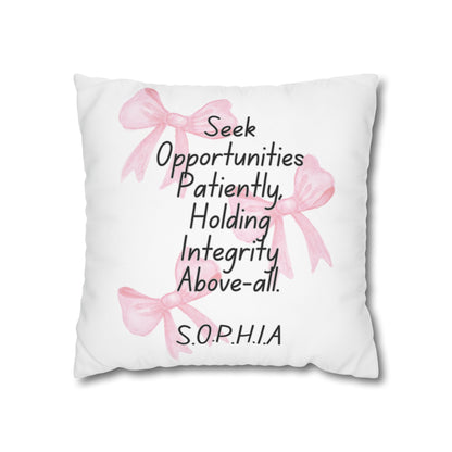 Personalized Initial Quote Pink Bow — Custom Sayings on Square Poly Canvas Pillowcase