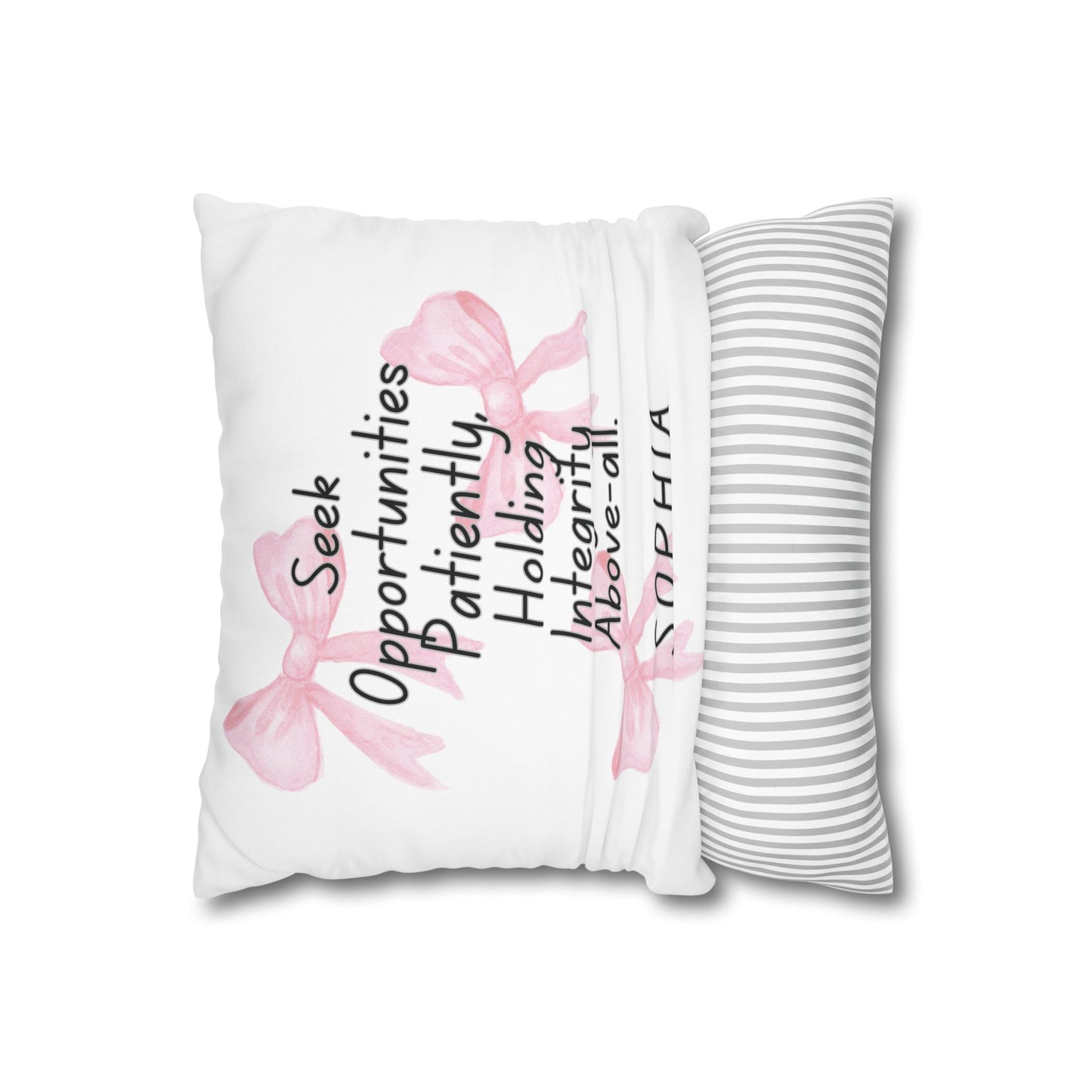 Personalized Initial Quote Pink Bow — Custom Sayings on Square Poly Canvas Pillowcase