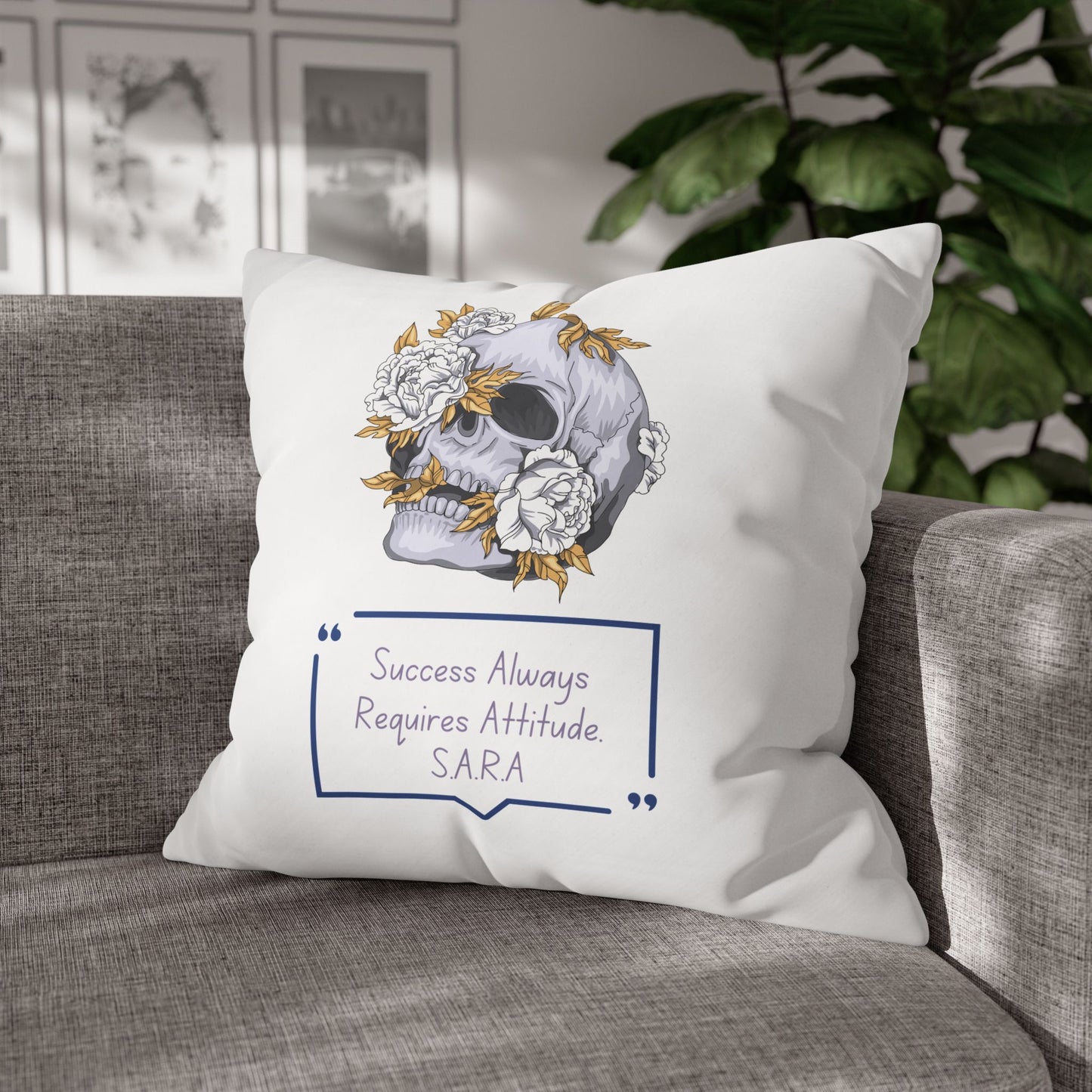 Personalized Initial Quote Floral Skull — Custom Sayings on Square Poly Canvas Pillowcase