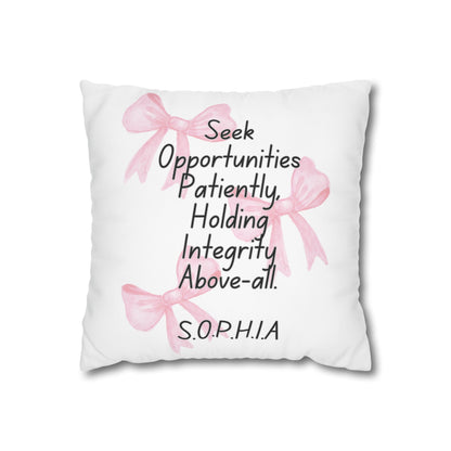 Customized monogrammed pillowcase with personalized quote. High-quality poly canvas square cushion cover, ideal for housewarming, wedding, or anniversary gifts with bespoke text.