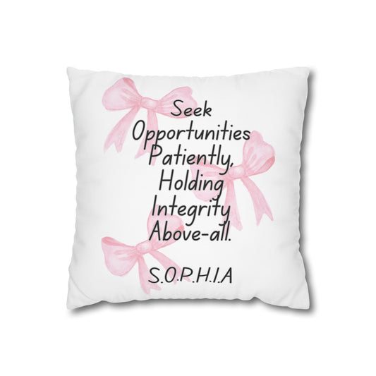 Customized monogrammed pillowcase with personalized quote. High-quality poly canvas square cushion cover, ideal for housewarming, wedding, or anniversary gifts with bespoke text.