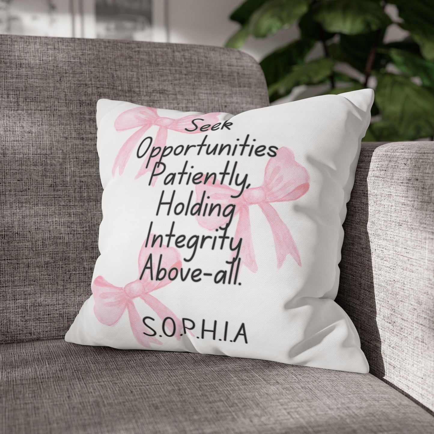 Personalized Initial Quote Pink Bow — Custom Sayings on Square Poly Canvas Pillowcase