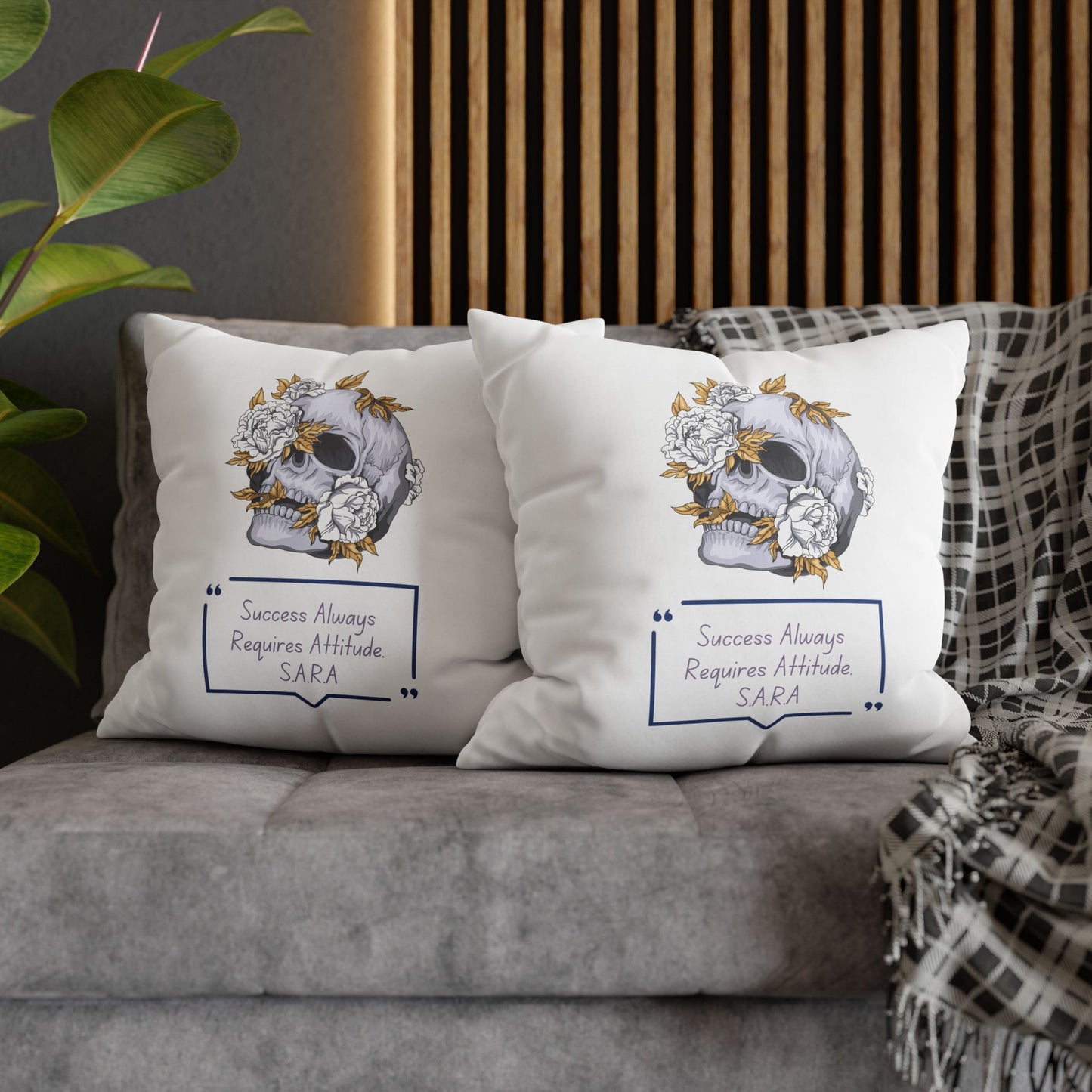 Personalized Initial Quote Floral Skull — Custom Sayings on Square Poly Canvas Pillowcase