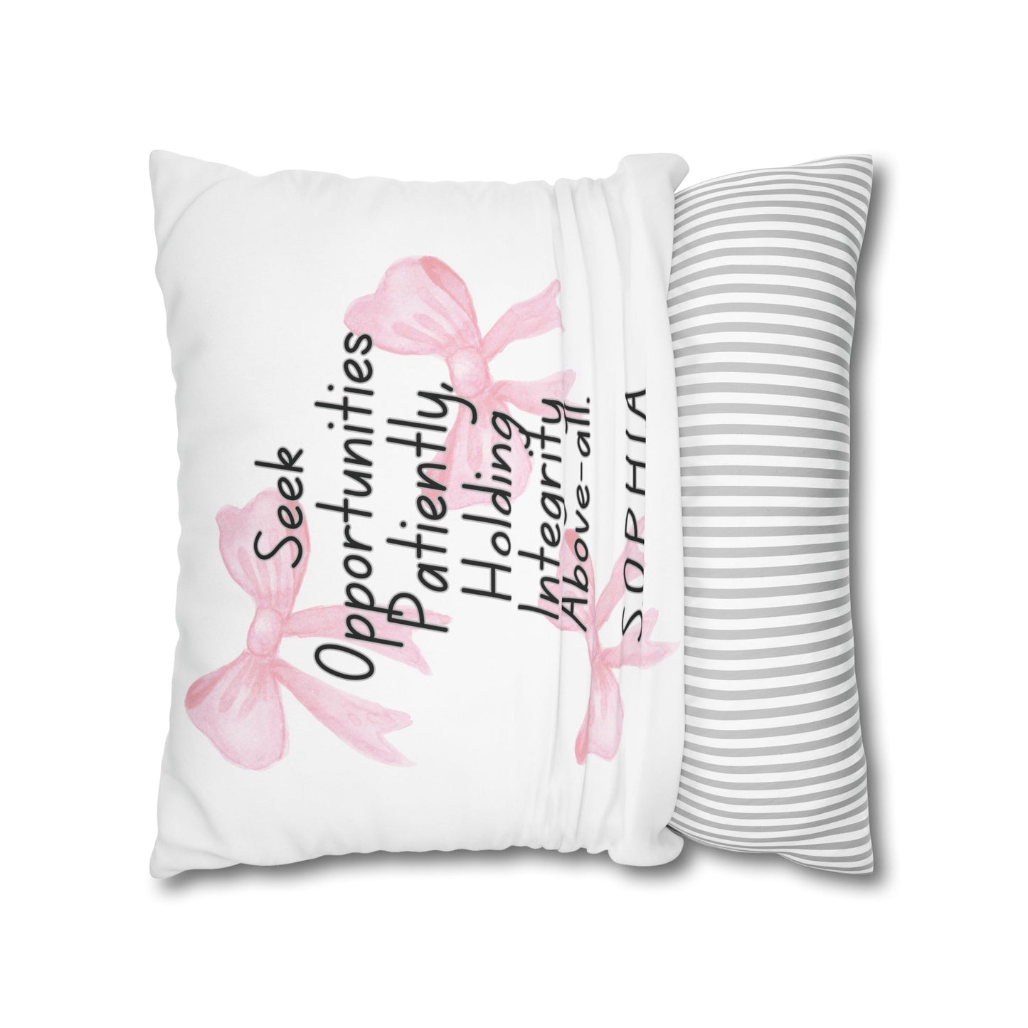 Personalized Initial Quote Pink Bow — Custom Sayings on Square Poly Canvas Pillowcase