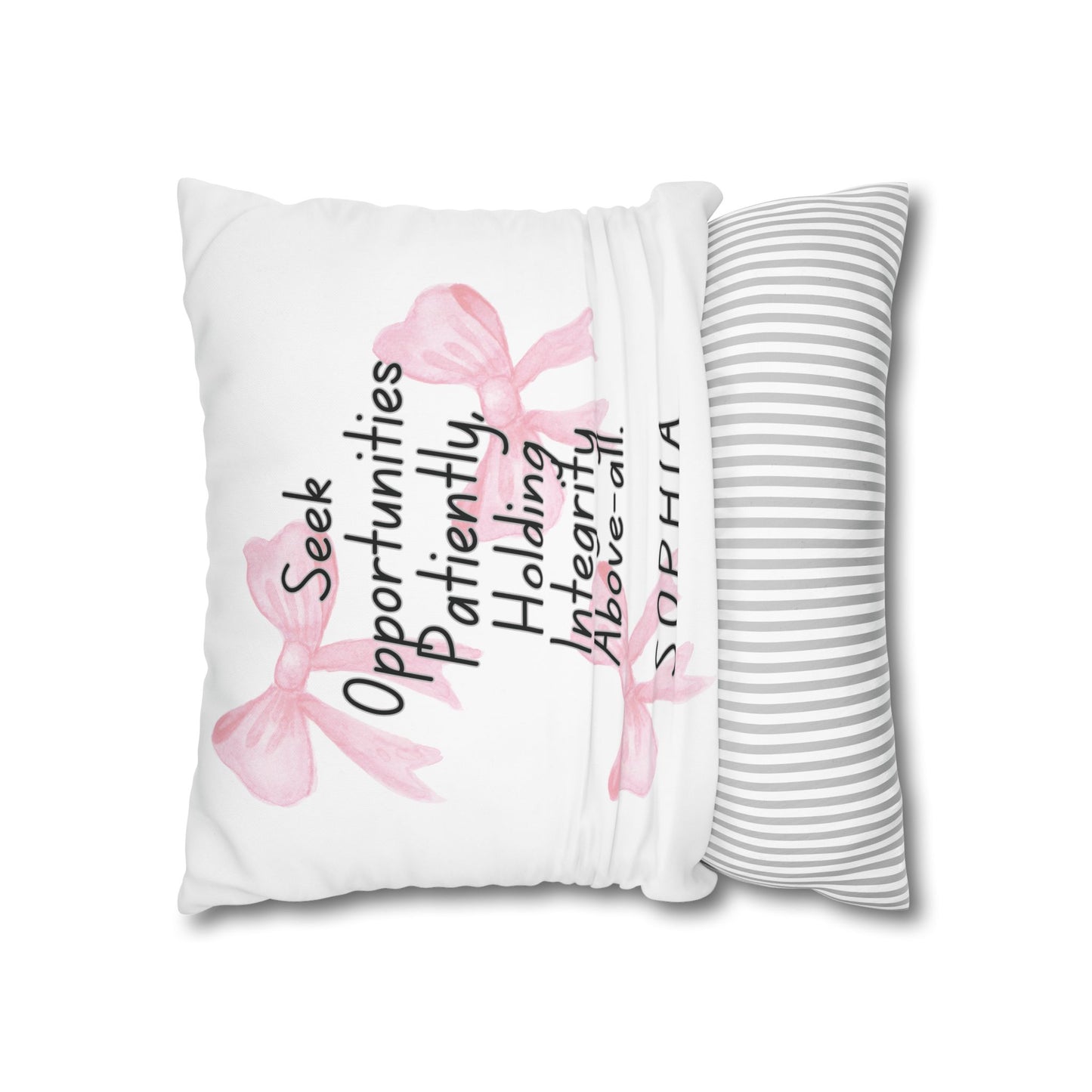 Personalized Initial Quote Pink Bow — Custom Sayings on Square Poly Canvas Pillowcase