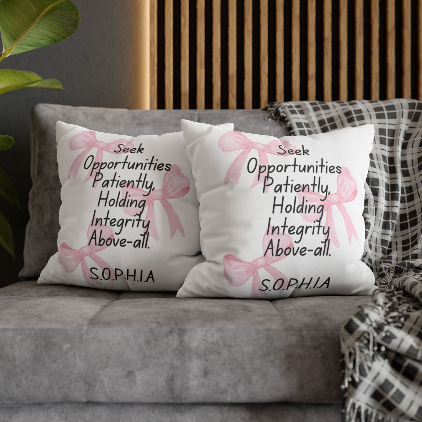 Personalized Initial Quote Pink Bow — Custom Sayings on Square Poly Canvas Pillowcase