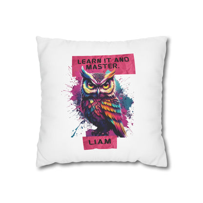 Customized monogrammed pillowcase with personalized quote. High-quality poly canvas square cushion cover, ideal for housewarming, wedding, or anniversary gifts with bespoke text.