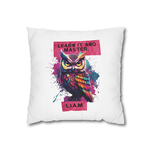 Customized monogrammed pillowcase with personalized quote. High-quality poly canvas square cushion cover, ideal for housewarming, wedding, or anniversary gifts with bespoke text.