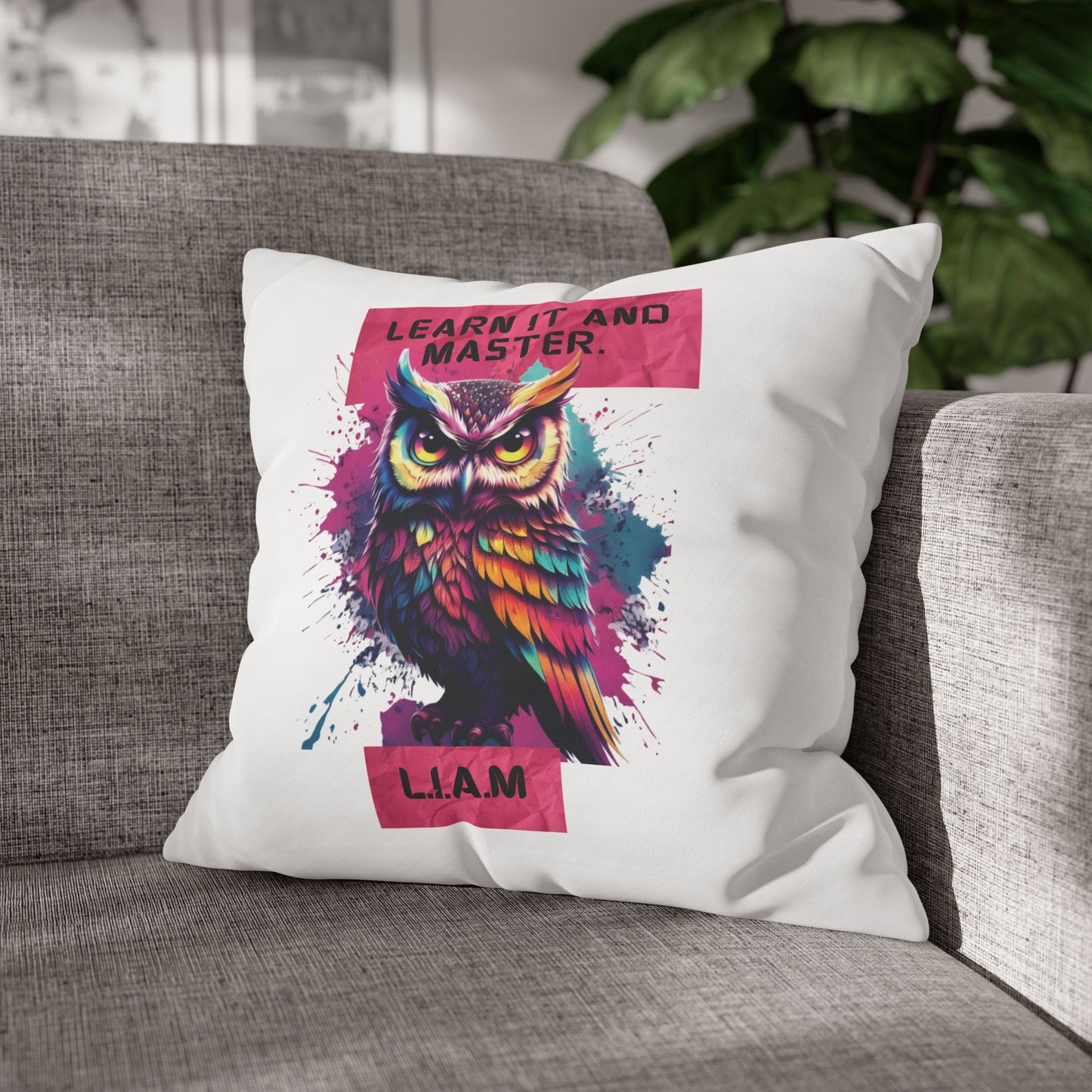 Personalized Initial Quote Owl — Custom Sayings on Square Poly Canvas Pillowcase