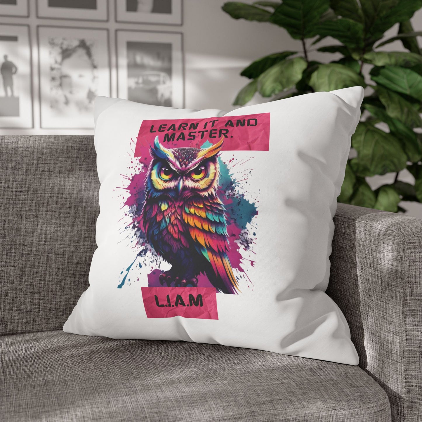 Personalized Initial Quote Owl — Custom Sayings on Square Poly Canvas Pillowcase