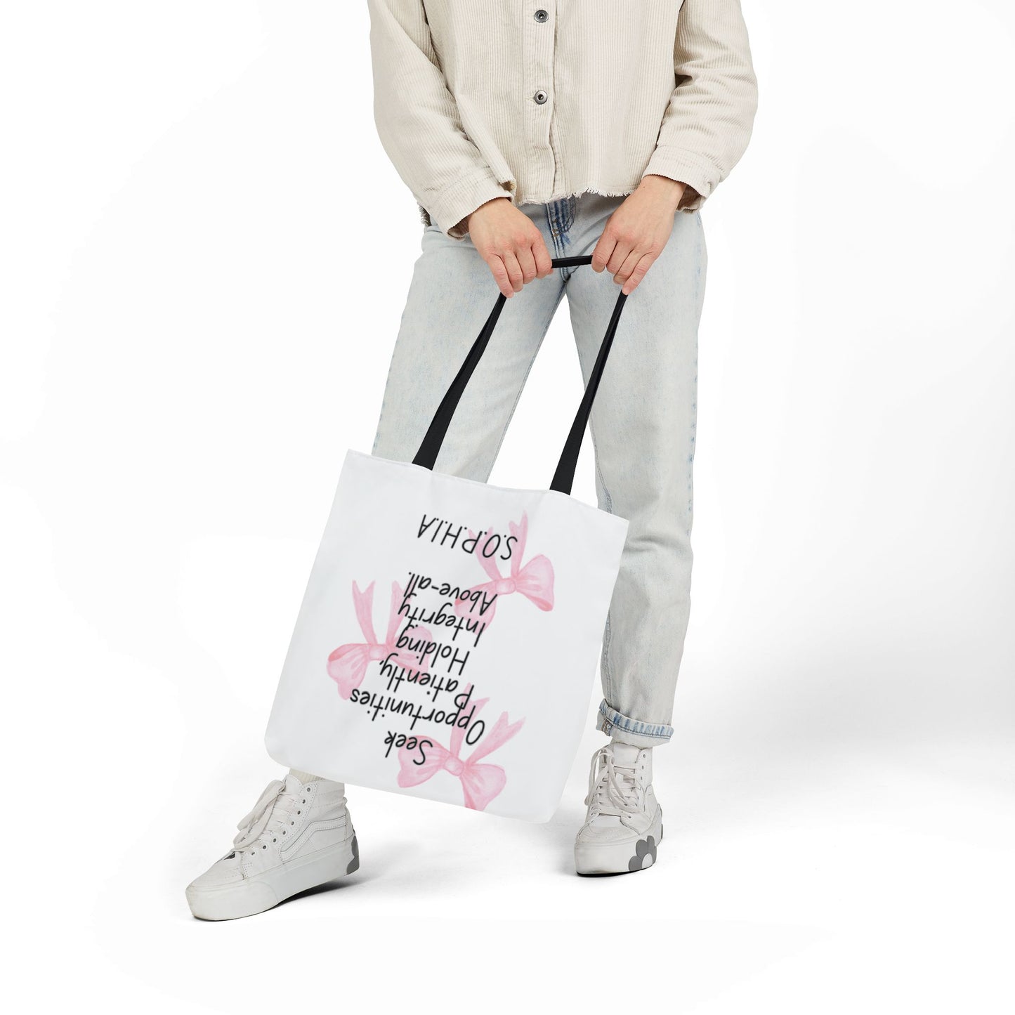 Personalized Initial Quote Pink Bow Canvas Tote Custom Name