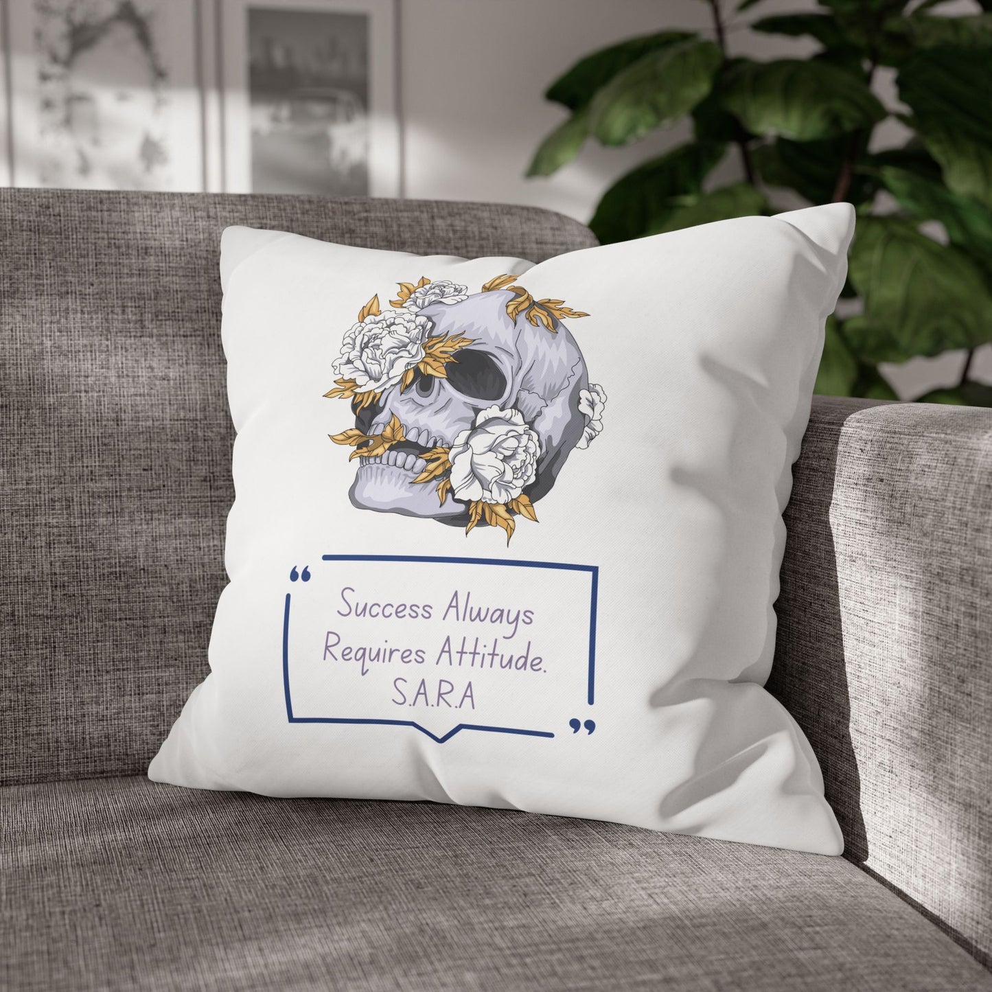 Personalized Initial Quote Floral Skull — Custom Sayings on Square Poly Canvas Pillowcase