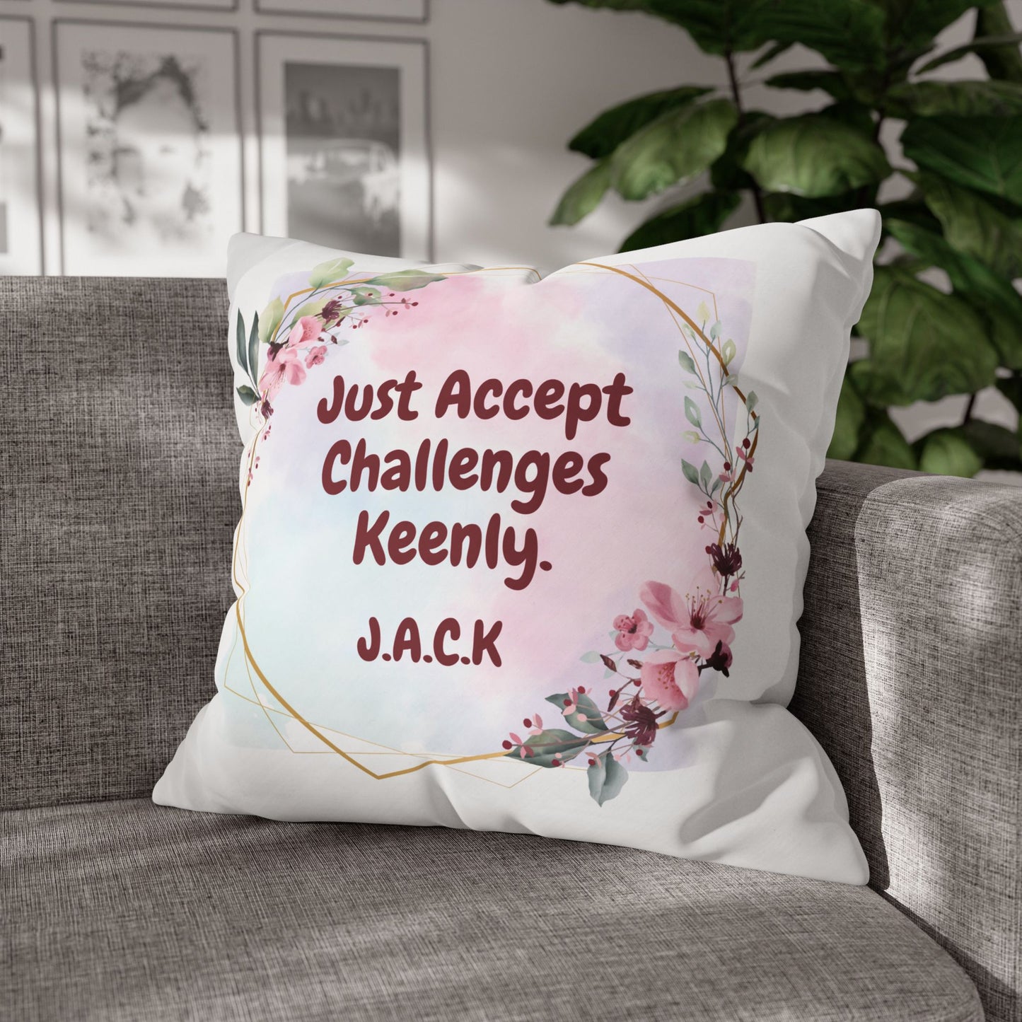 Personalized Initial Quote Floral Frame — Custom Sayings on Square Poly Canvas Pillowcase