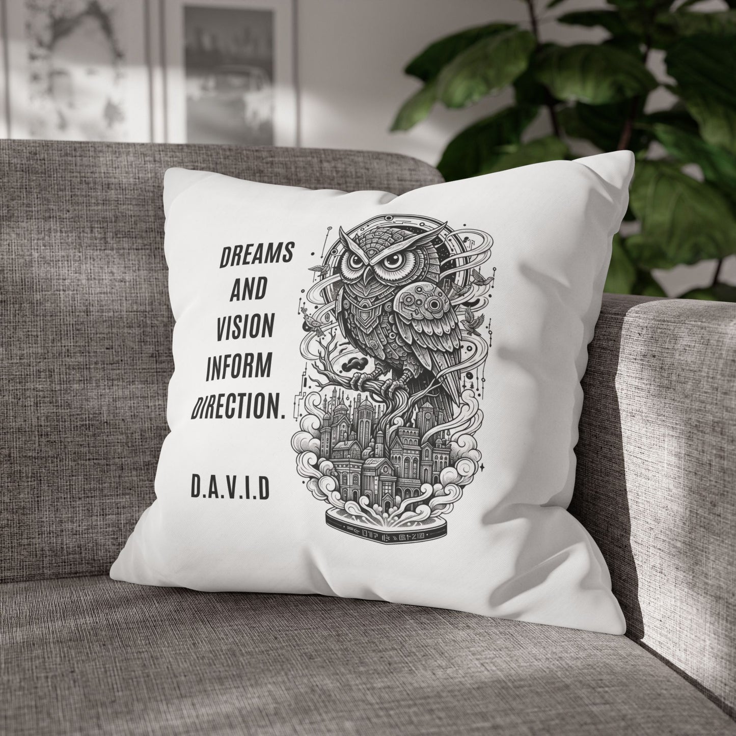 Personalized Initial Quote Owl Vision — Custom Sayings on Square Poly Canvas Pillowcase