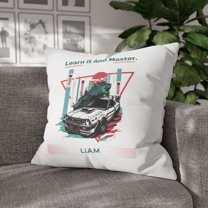 Personalized Initial Quote Dinosaur Car — Custom Sayings on Square Poly Canvas Pillowcase