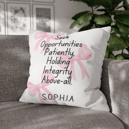 Personalized Initial Quote Pink Bow — Custom Sayings on Square Poly Canvas Pillowcase