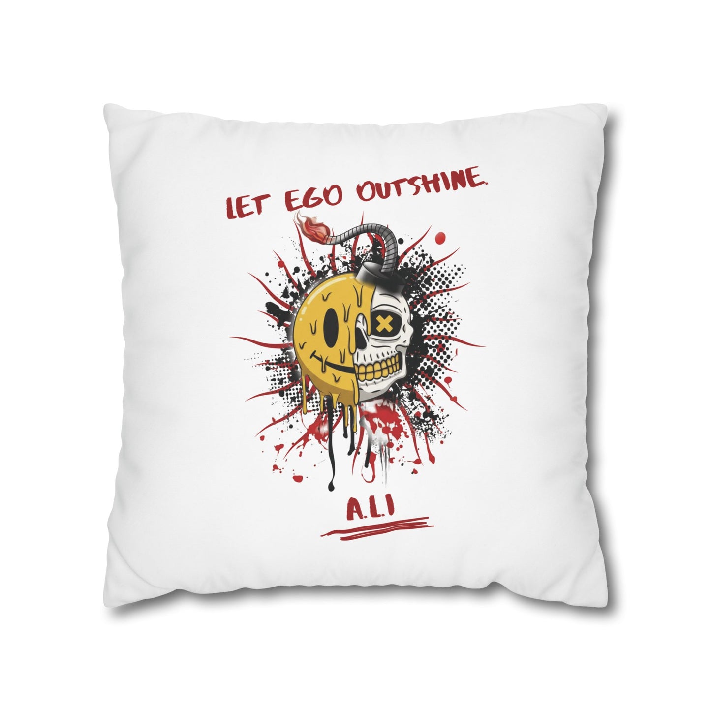 Personalized Initial Quote Smile Split Skull — Custom Sayings on Square Poly Canvas Pillowcase