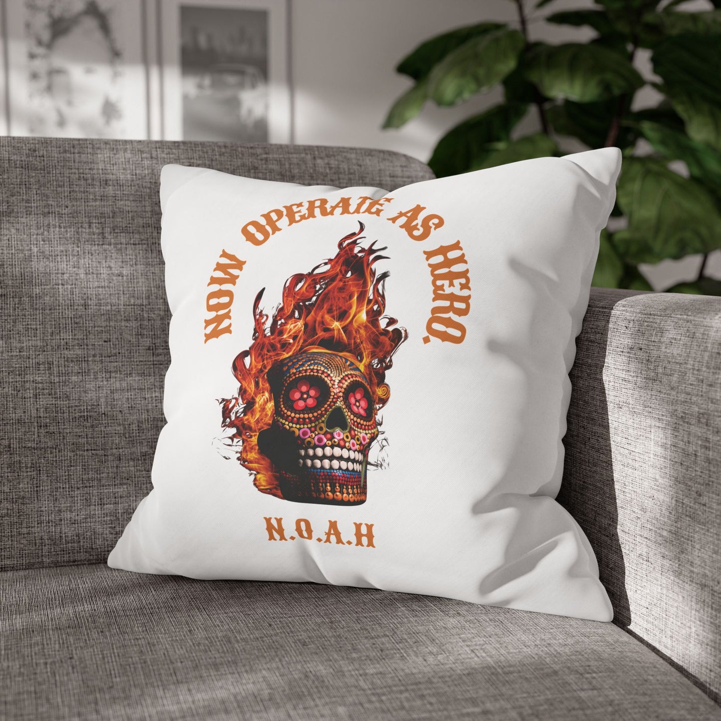 Personalized Initial Quote Fire Skull — Custom Sayings on Square Poly Canvas Pillowcase