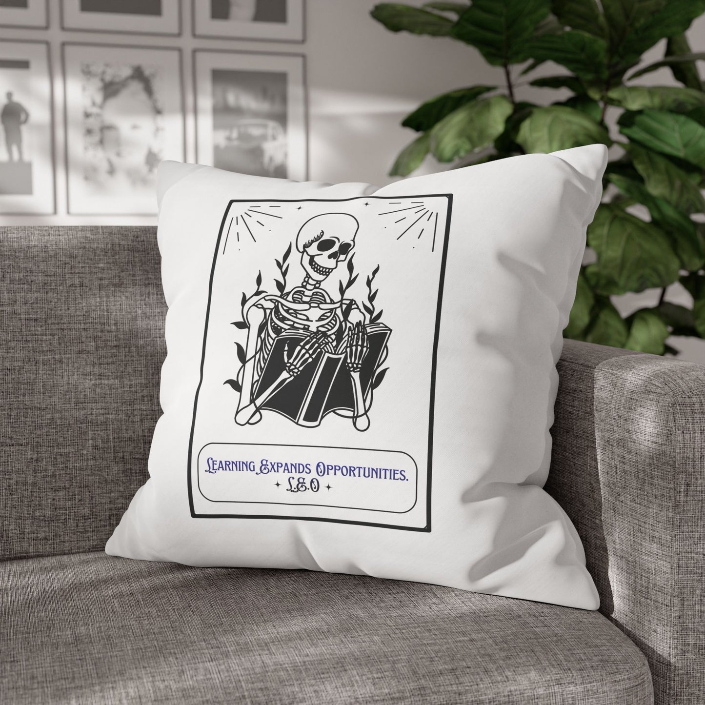 Personalized Initial Quote Skeleton — Custom Sayings on Square Poly Canvas Pillowcase