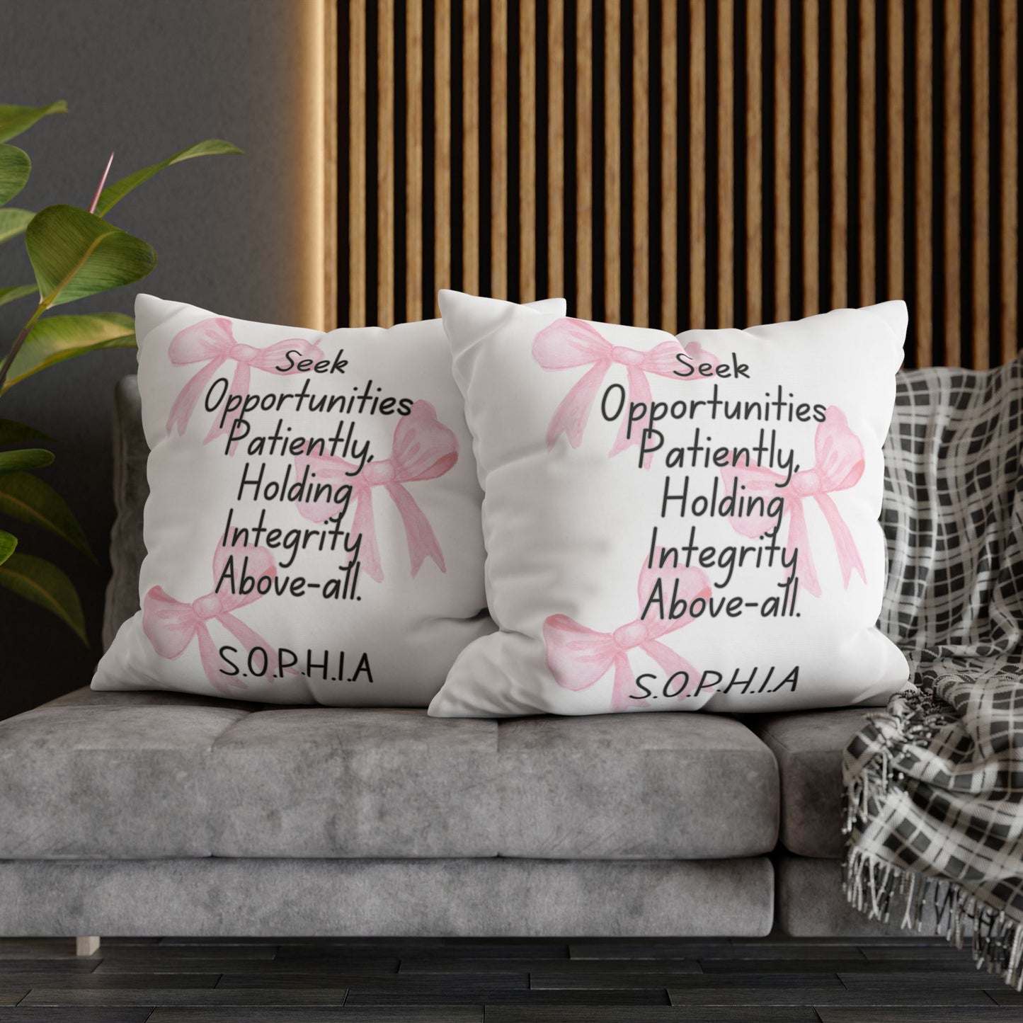 Personalized Initial Quote Pink Bow — Custom Sayings on Square Poly Canvas Pillowcase