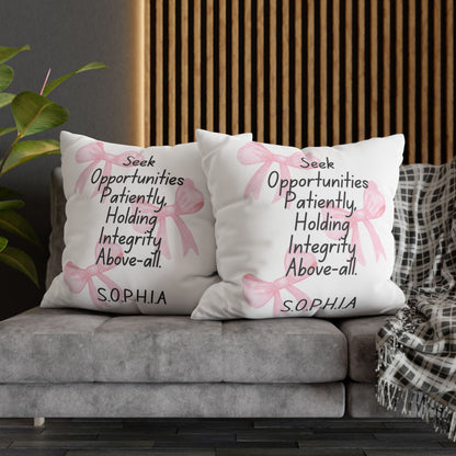 Personalized Initial Quote Pink Bow — Custom Sayings on Square Poly Canvas Pillowcase