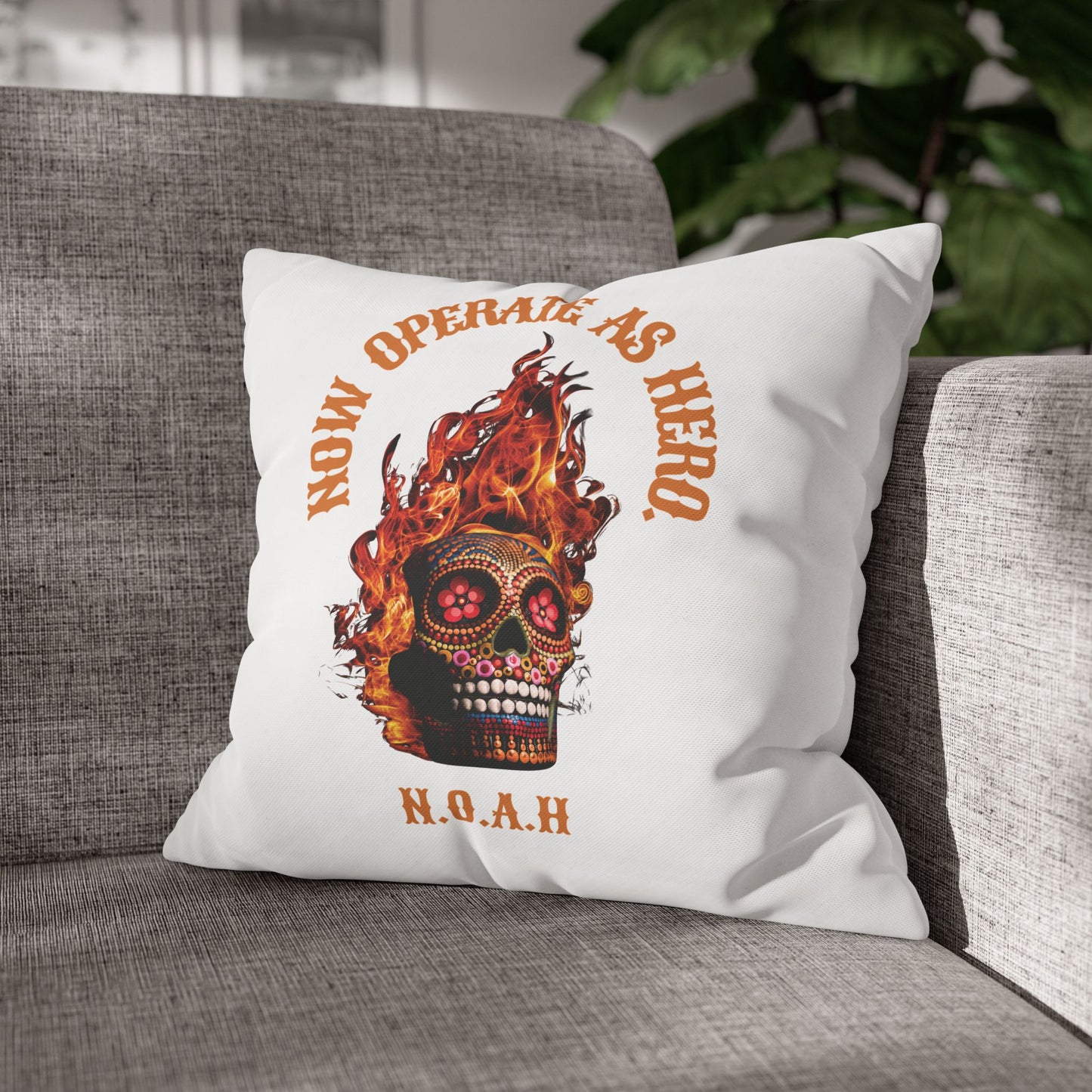 Personalized Initial Quote Fire Skull — Custom Sayings on Square Poly Canvas Pillowcase