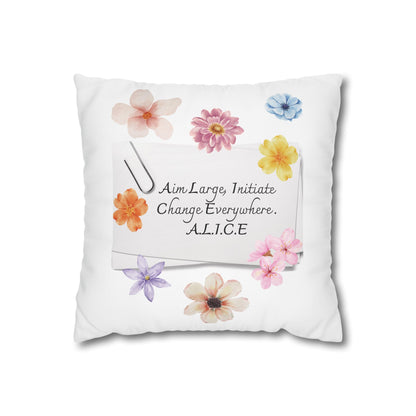 Customized monogrammed pillowcase with personalized quote. High-quality poly canvas square cushion cover, ideal for housewarming, wedding, or anniversary gifts with bespoke text.