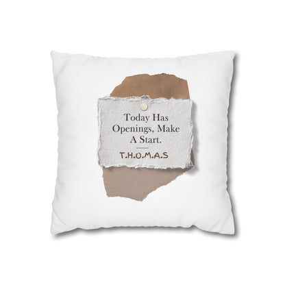 Customized monogrammed pillowcase with personalized quote. High-quality poly canvas square cushion cover, ideal for housewarming, wedding, or anniversary gifts with bespoke text.