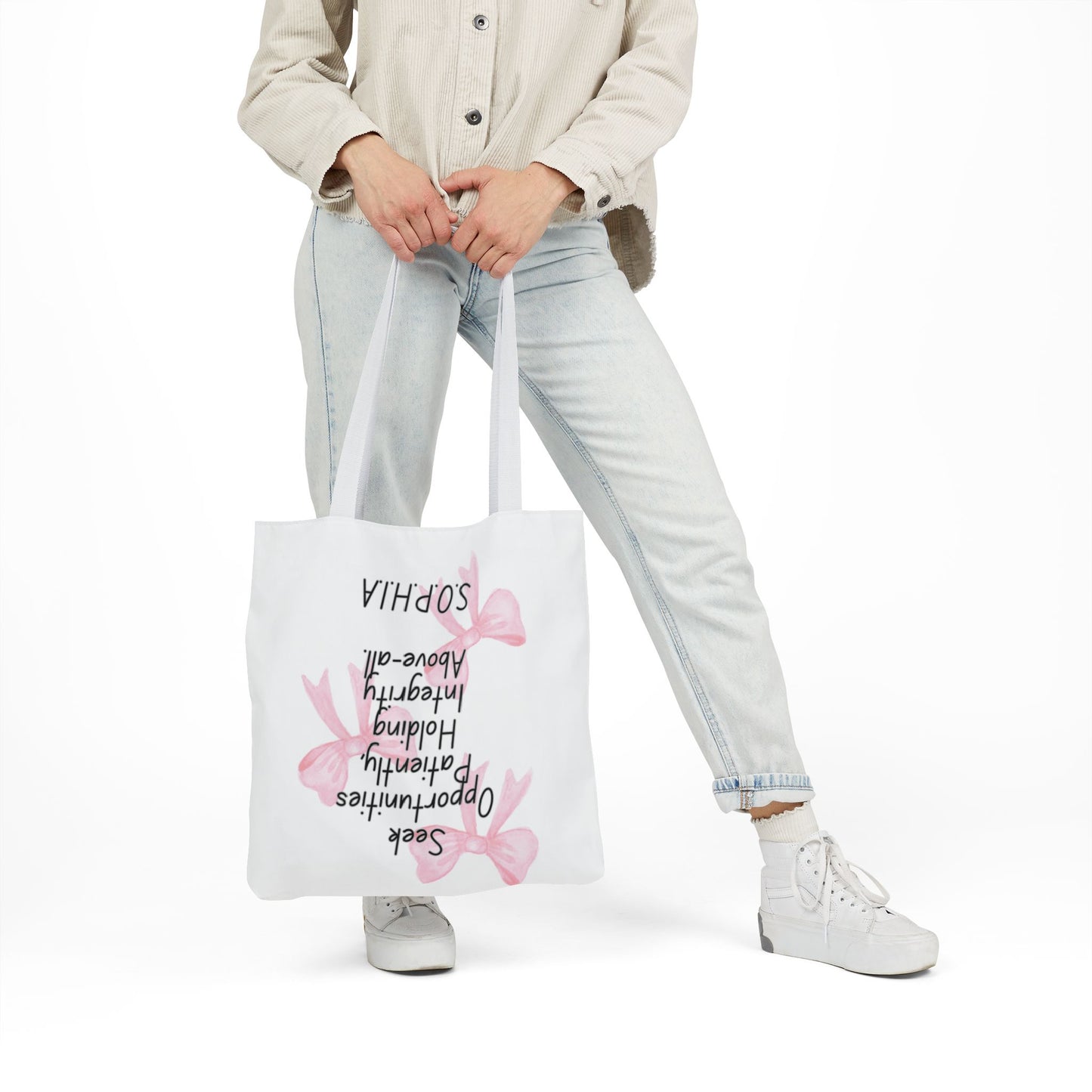 Personalized Initial Quote Pink Bow Canvas Tote Custom Name