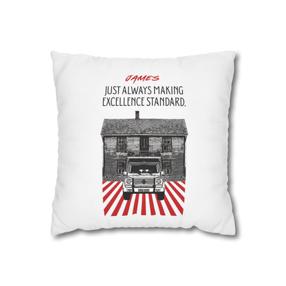 Customized monogrammed pillowcase with personalized quote. High-quality poly canvas square cushion cover, ideal for housewarming, wedding, or anniversary gifts with bespoke text.