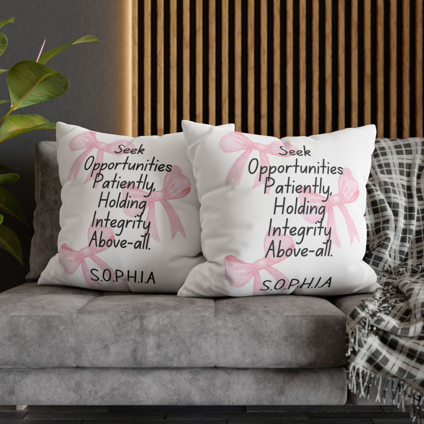 Personalized Initial Quote Pink Bow — Custom Sayings on Square Poly Canvas Pillowcase