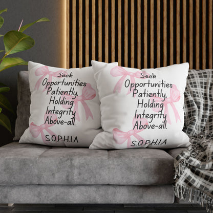 Personalized Initial Quote Pink Bow — Custom Sayings on Square Poly Canvas Pillowcase