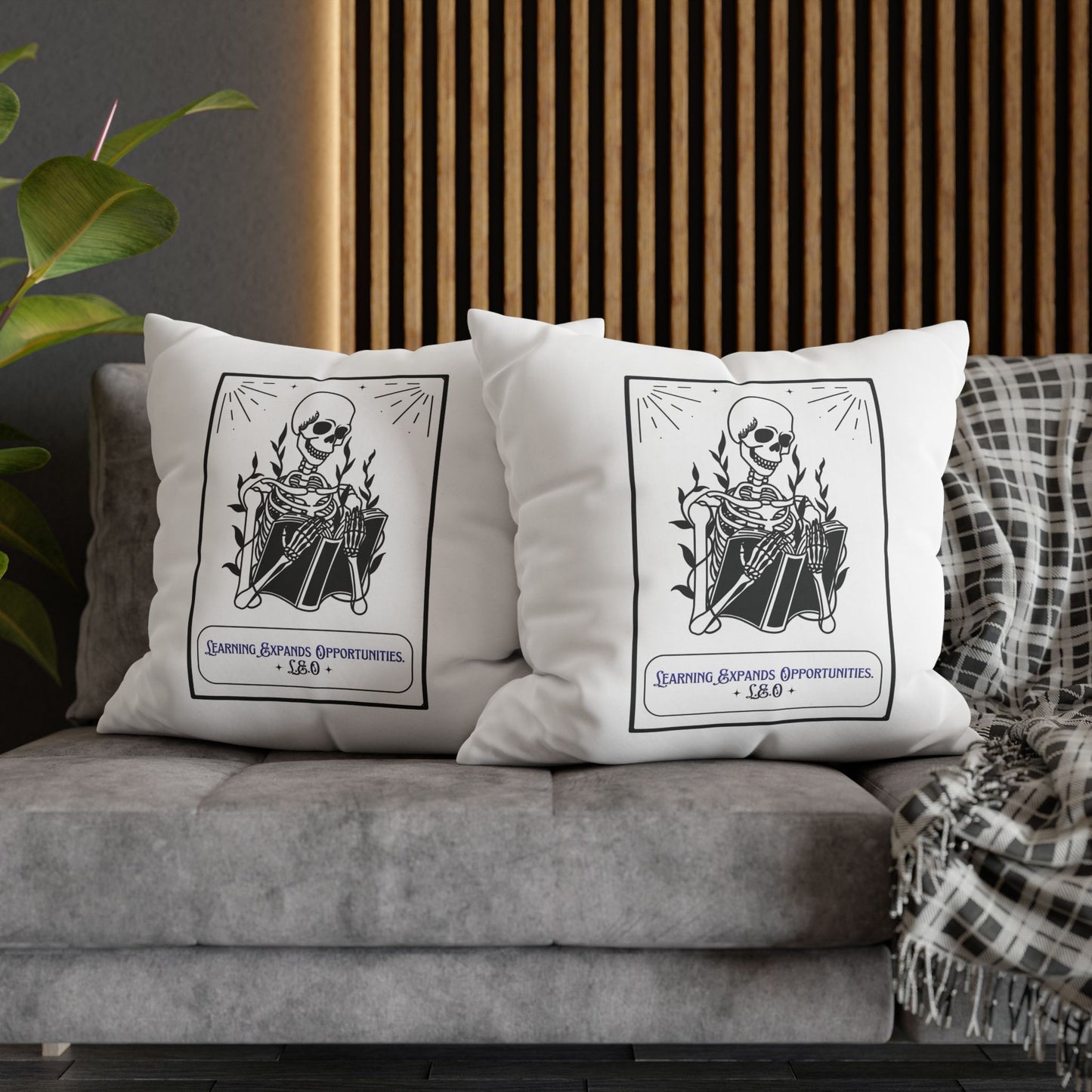 Personalized Initial Quote Skeleton — Custom Sayings on Square Poly Canvas Pillowcase