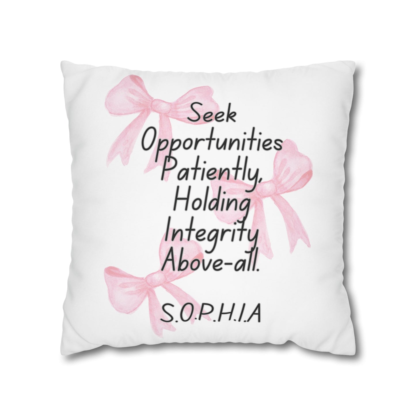 Personalized Initial Quote Pink Bow — Custom Sayings on Square Poly Canvas Pillowcase