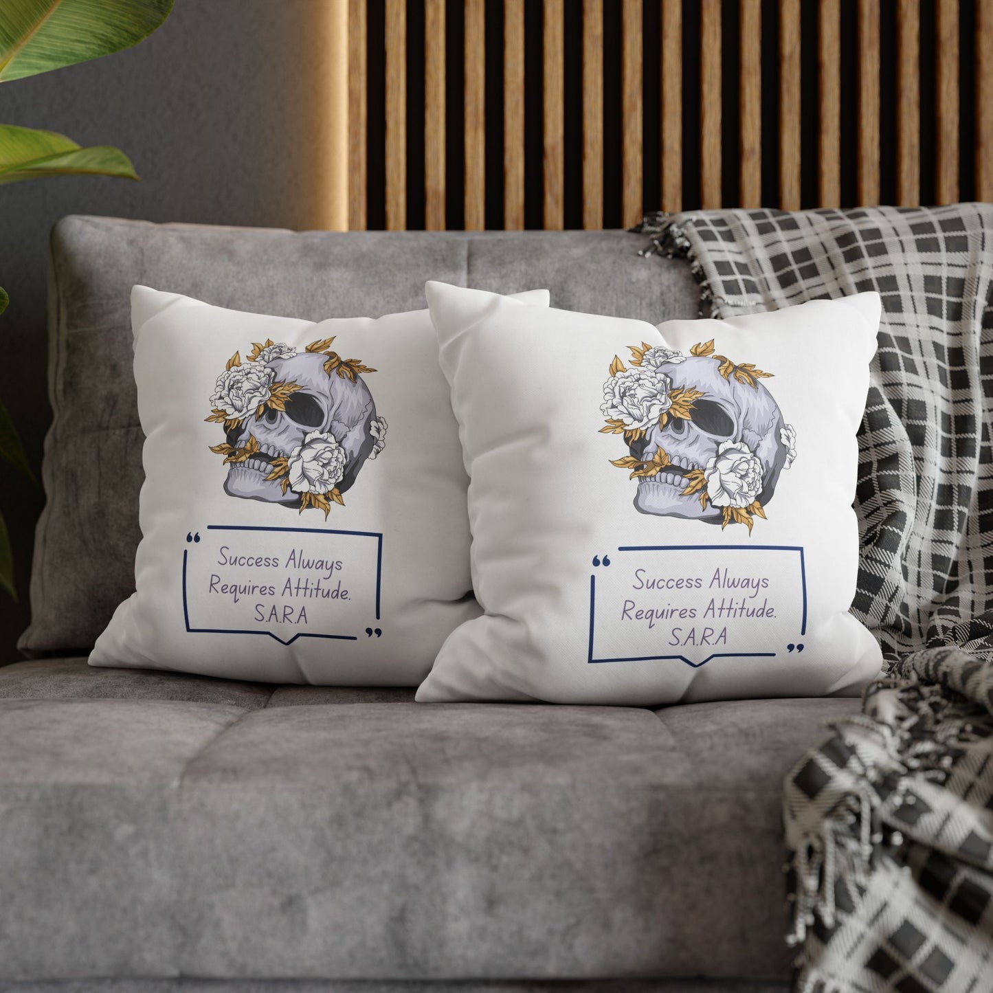 Personalized Initial Quote Floral Skull — Custom Sayings on Square Poly Canvas Pillowcase